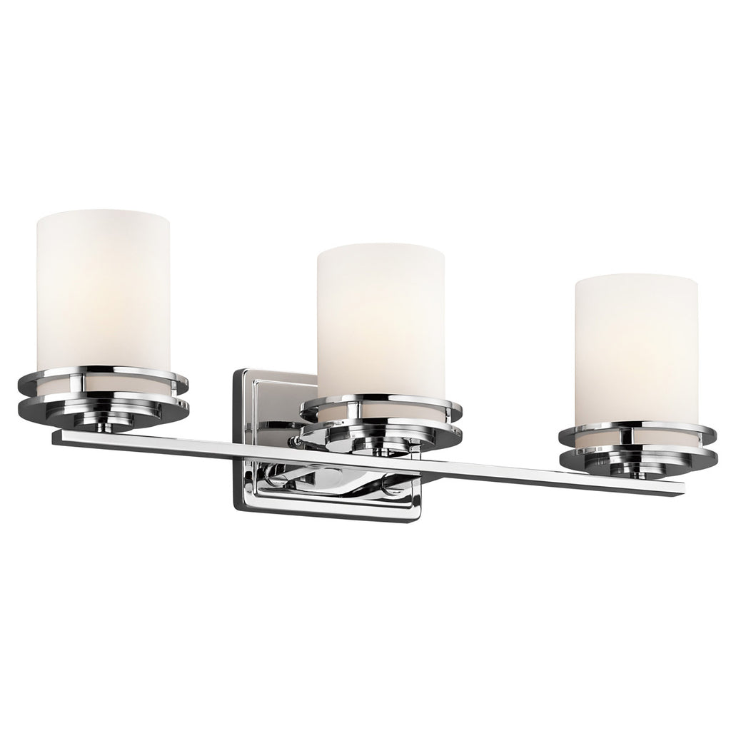 Kichler 5078CH, Hendrik 3 Light 24 inch Chrome Wall Mt Bath 3 Arm Wall Light in Satin Etched Cased Opal