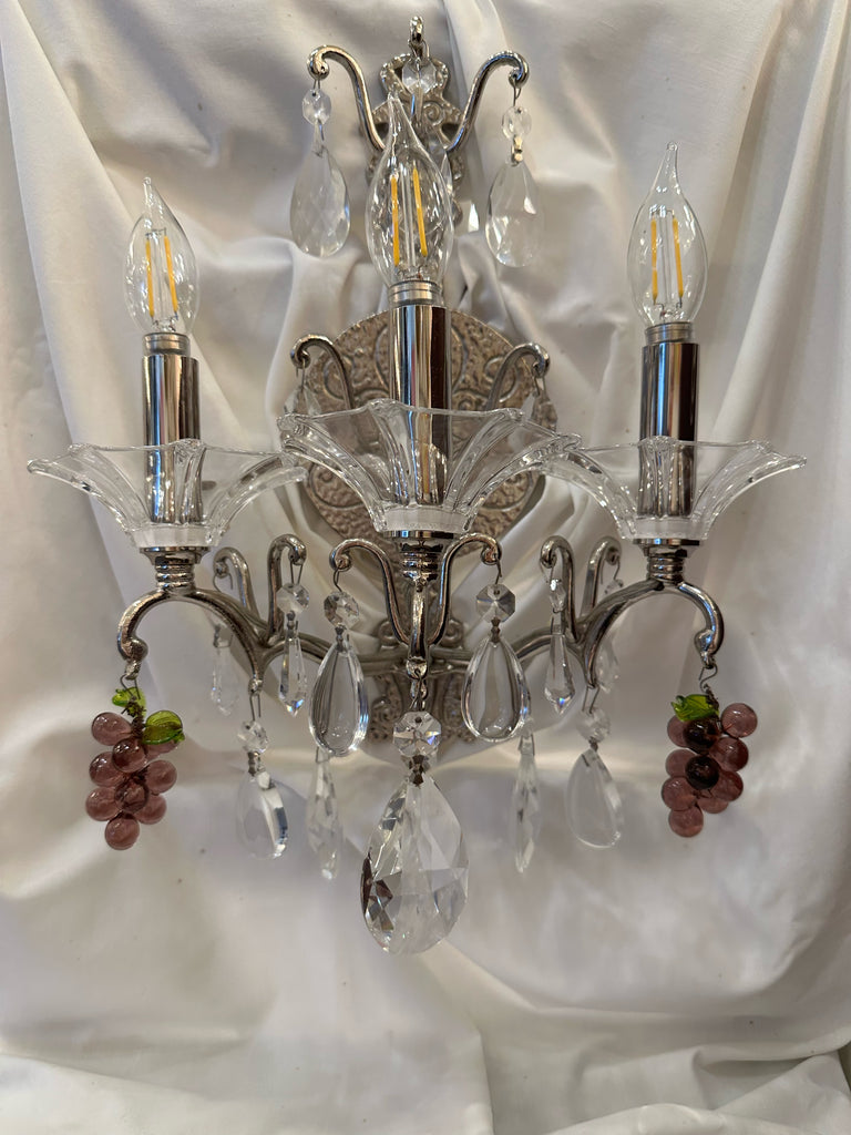 Classic Lighting 9053 CM GAT Garden Of Versailles 3 Light Wall Sconce In Chrome With Black Patina With Grapes Amethyst Crystal